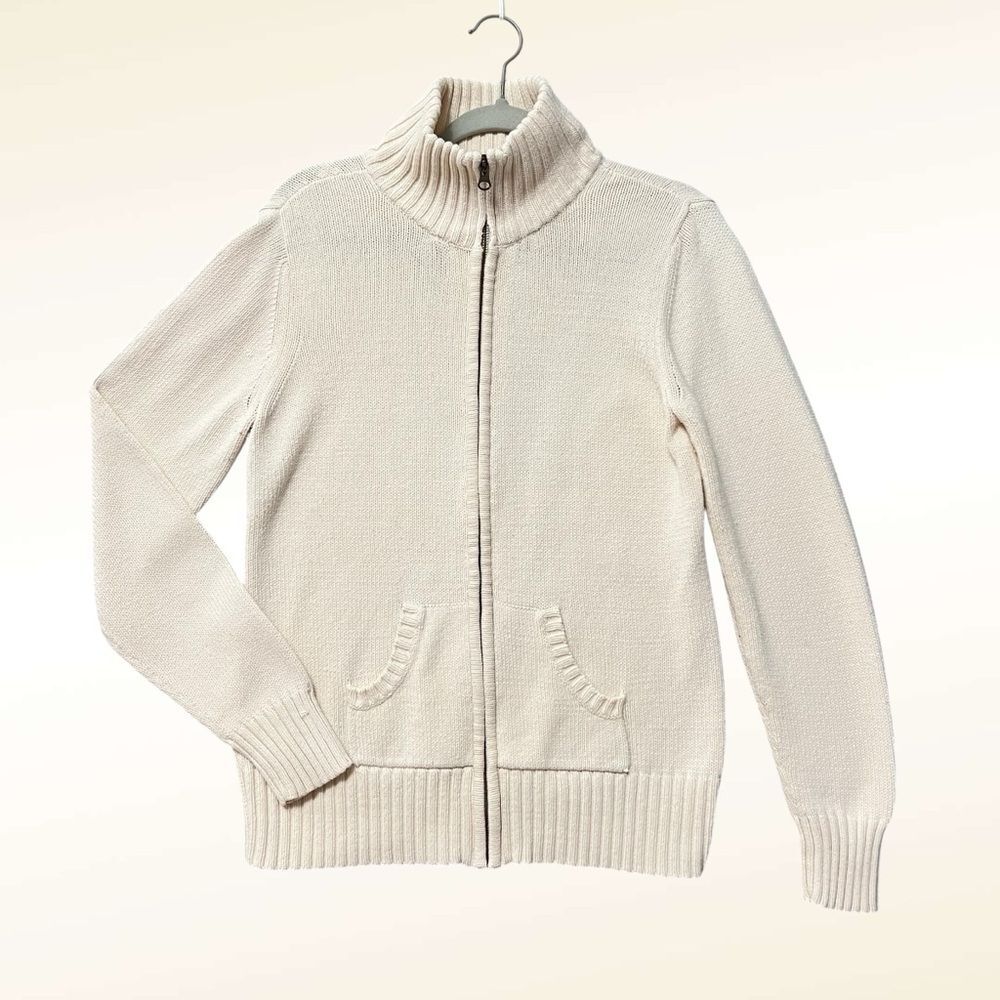 Vintage Gap Womens Zip Up Mock Neck Sweater Size Large Cream Rib Trim Pockets